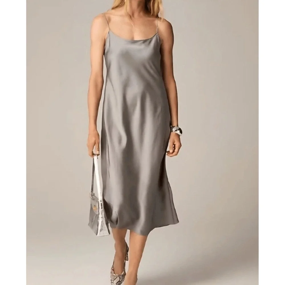 J.Crew Women's Gwyneth Slip Dress in Luster Charmeuse Midi Silver Dress 10 NWT - Picture 1 of 7